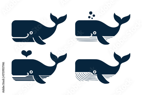 four cartoon whale designs vector eps ai jpeg png sea life minimalist icons for kids decor and web