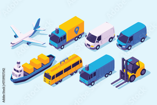isometric transport and logistics icons airplane cargo ship trucks vans bus forklift vector illustration for business