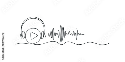 Headphones with Play Button and Sound Wave Graphic