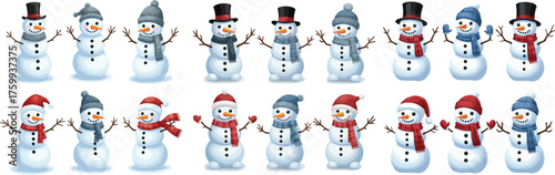 Big Set of Cute Winter Snowmen Characters: Various Hats, Scarves, and Mittens for Christmas and Holiday Decoration.