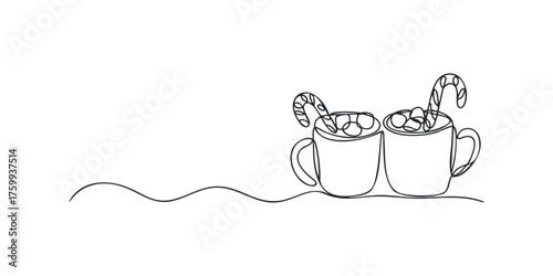 Hot Chocolate Mugs with Candy Canes and Marshmallows Line Art