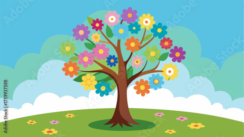 A carpet of colorful blooms surrounding a lone tree that provides shelter from the warm spring sun.