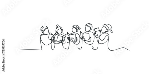Group of carolers singing with sheet music