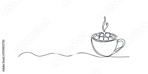 One line drawing of hot chocolate in cup with marshmallows