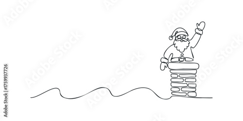 Santa Claus waving from chimney in continuous line style