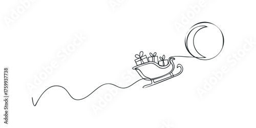 Single line drawing of a sleigh filled with gifts and pulled by the moon