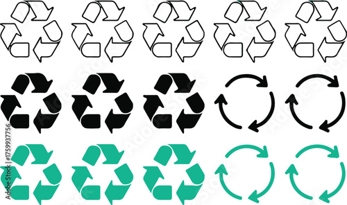 recycling and circular arrow icon grid set black and turquoise vector symbols for sustainability design
