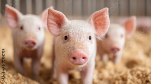 Smart livestock system, Three adorable piglets are seen in a cozy barn setting, surrounded by soft bedding, showcasing their curious expressions and playful nature.