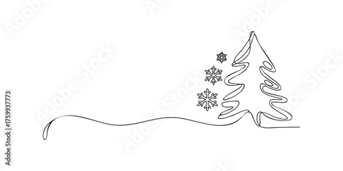 Stylized Christmas Tree and Snowflakes Line Art