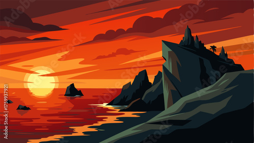 A dramatic sunset over a rugged coastline with a protruding rocky point silhouetted against the fiery sky.