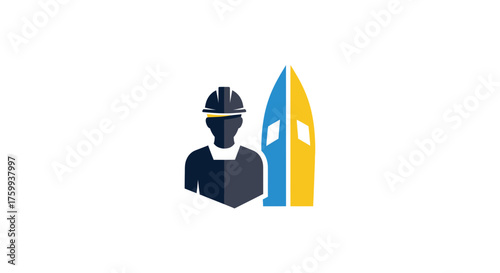 Professional shipwright or boat builder icon with ship, a simple flat vector design for the maritime industry, isolated on white background