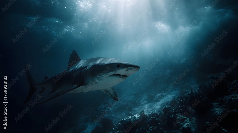 Fototapeta premium A powerful and majestic shark gracefully swims through the sunlit underwater ocean depths with light rays filtering from the surface