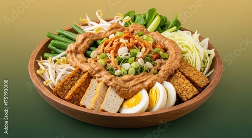 Gado-gado, the unique Indonesian salad on wooden bowl for food photography