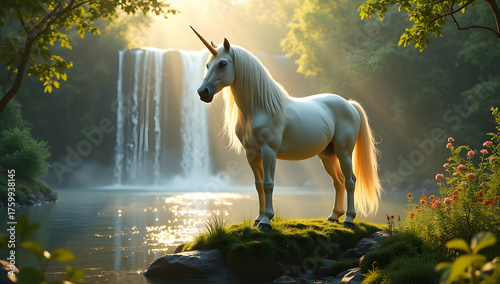 A graceful white unicorn is pictured in an enchanted, sunlit forest, standing on mossy ground.
