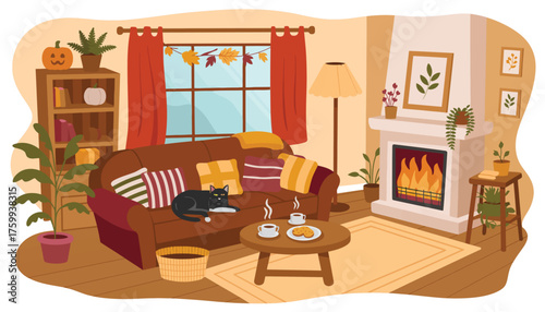 Cozy Autumn Living Room with Fireplace, Cat, and Halloween Decorations Creating Warm, Relaxing Atmosphere Perfect for Fall Seasonal Home Interior and Holiday Comfort
