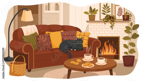 Cozy Autumn Living Room with Fireplace, Cat, and Halloween Decorations Creating Warm, Relaxing Atmosphere Perfect for Fall Seasonal Home Interior and Holiday Comfort