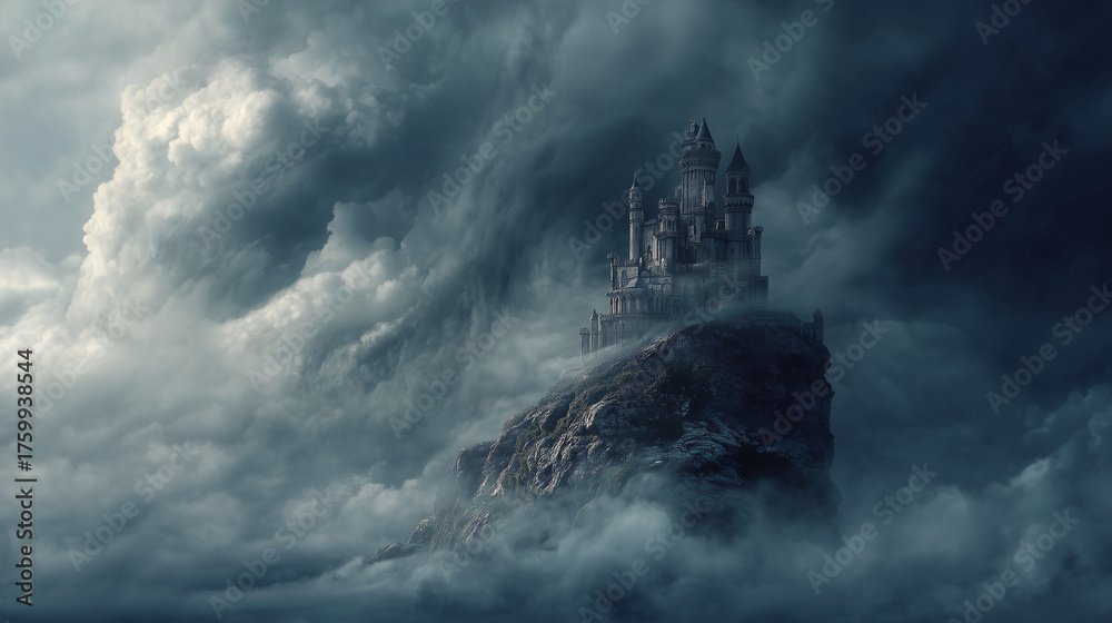 Fototapeta premium Lonely castle on a rocky cliff surrounded by swirling dark clouds