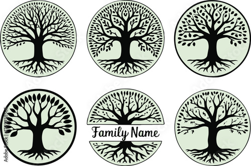 modern family tree icons six circular silhouettes rooted growth heritage genealogy customizable name