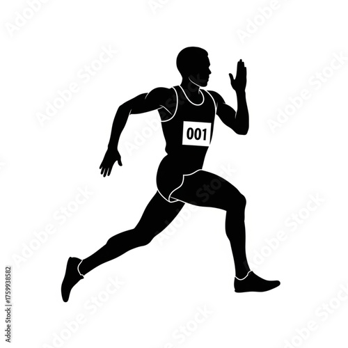 Dynamic black silhouette of a male runner with race number 001 in full sprint, showcasing power, speed, and athleticism, ideal for sports illustrations and designs