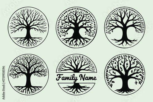 minimalist tree of life family crest collection circular silhouettes with roots branches customizable text