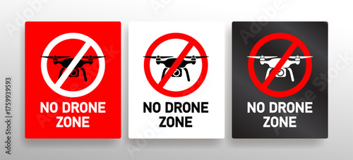 Set of No Drone Zone vector set with prohibited quadcopter and spy camera flight signs. Privacy, safety, and restricted airspace warning icons. Stop and forbidden area vector label illustration design