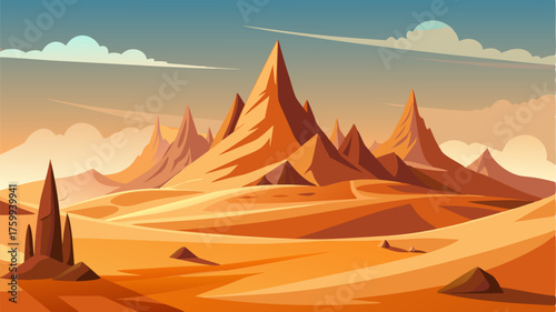 A lonely plateau surrounded by rolling dunes of sand and sharp jagged peaks creating an otherworldly scene.