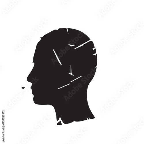 Abstract vector graphic of a fractured human head silhouette, symbolizing inner turmoil, fragmented thoughts, and psychological stress