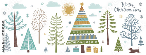 Winter Scene Vector Collection Featuring Christmas Tree, Snowflakes, Bushes, Sun, Clouds, Dog, and Gifts Ideal for Festive Holiday Cards and Seasonal Illustrations