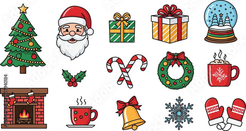 Set Of Christmas Icons: Santa, Tree, Gifts, Snow Globe, Fireplace, Candy Canes, Wreath, Mugs, Bell, Snowflake, Mittens