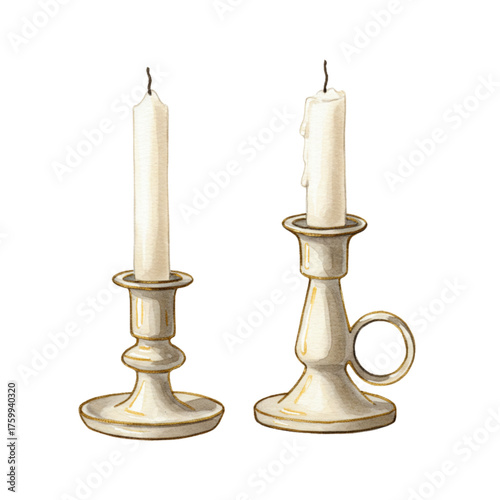 Watercolor vintage candlesticks with unlit candles – hand painted cozy winter clipart for Christmas, journaling, scrapbooking, and printable decor