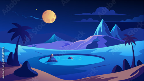 A mirage of an oasis glowing in the moonlight teasing weary travelers lost in the desert.