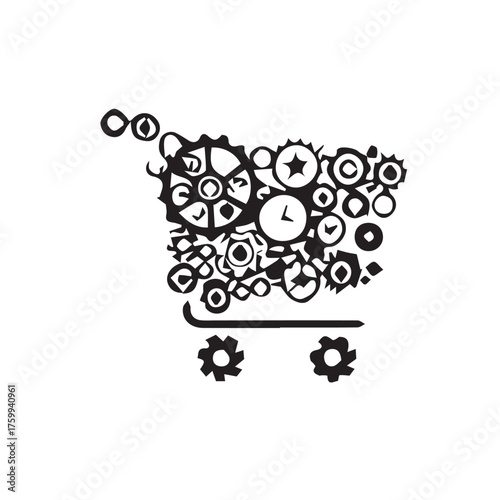 Shopping Cart Silhouette Composed of Intricate Gears and Mechanical Elements, Symbolizing Commerce and Industry