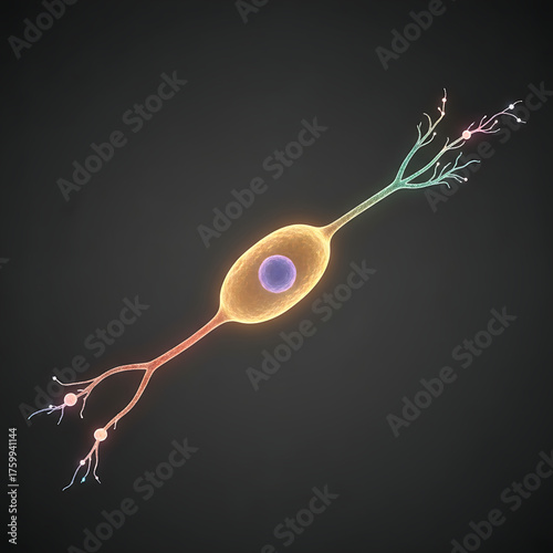 Micrograph of a bipolar neuron, showing its distinctive structure with two main extensions—an axon and a dendrite—emerging from opposite ends of the oval cell body. 