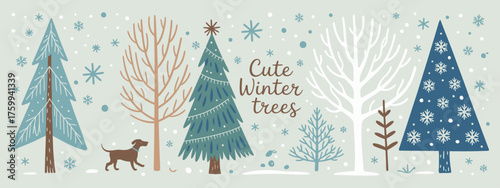 Winter Trees Vector Set with Fir Trees, Shrubs, Leaves, Sun, Snow, and Clouds for Creating Festive New Year and Christmas Landscape Illustrations