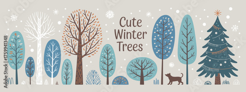 Winter Trees Vector Set with Fir Trees, Shrubs, Leaves, Sun, Snow, and Clouds for Creating Festive New Year and Christmas Landscape Illustrations