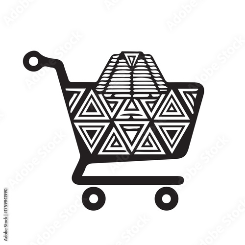 Monochrome vector icon of a shopping cart with a pyramid, decorated with an ethnic Aztec geometric triangular pattern