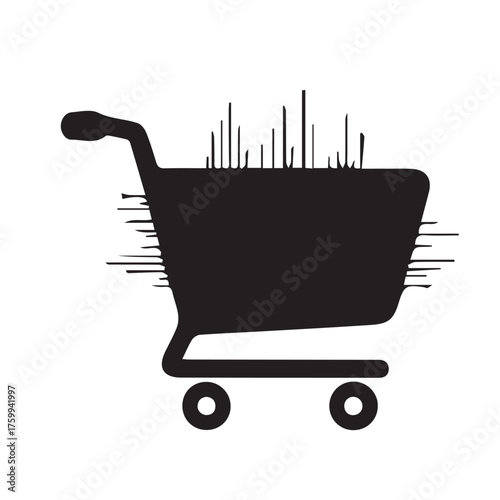 Conceptual black silhouette of a shopping cart filled with a cityscape or digital equalizer, symbolizing urban retail, e-commerce, and online purchasing