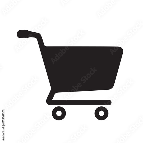 Simple flat design shopping cart vector icon. Black silhouette representing e-commerce, consumerism, and online purchasing on a website or app
