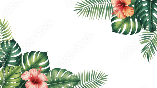 Tropical hibiscus flowers and monstera leaves watercolor border transparent background leaf
