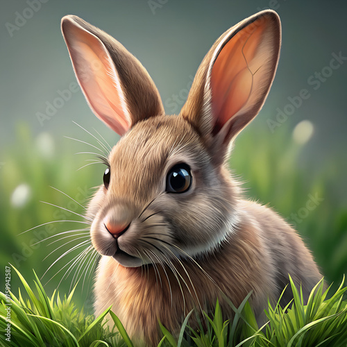 Fluffy white bunny sitting in green grass surrounded by nature
