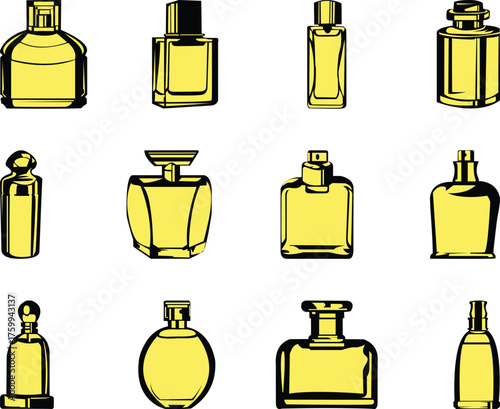 Vector art of assortment of perfume bottles in yellow