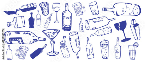 Vector art of collection of alcoholic beverage bottles and glasses