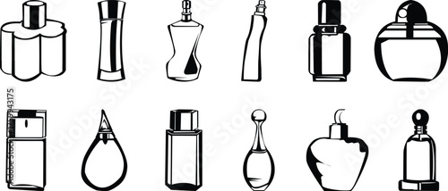 Vector art of collection of various perfume bottles and atomizers, elegant and classic design