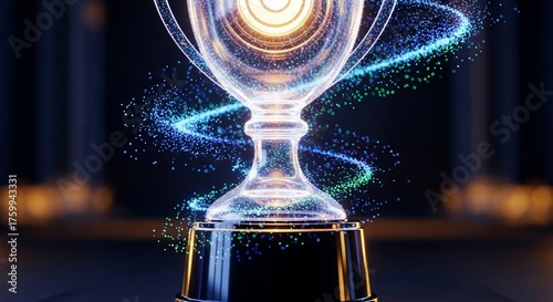 Glowing trophy with abstract particle effect achievement award concept