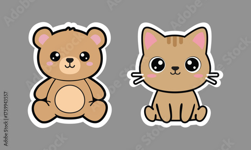 Modern Cute Kawaii Cat and Bear Stickers Animal Vector Set Cute Cartoon  Illustrations Vector