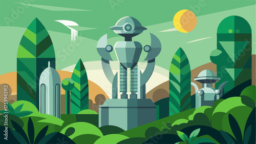 A fusion of nature and technology with sleek metallic sculptures blending seamlessly with lush greenery.
