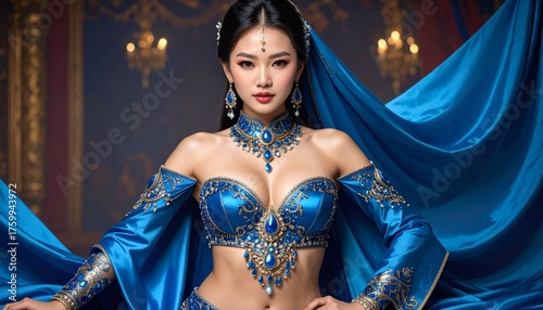 Elegant woman posing in ornate blue costume with jeweled details in a theatrical setting