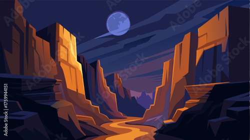 A rocky canyon its walls illuminated by the moonlight casting shadows that seem to tell secrets of the desert.