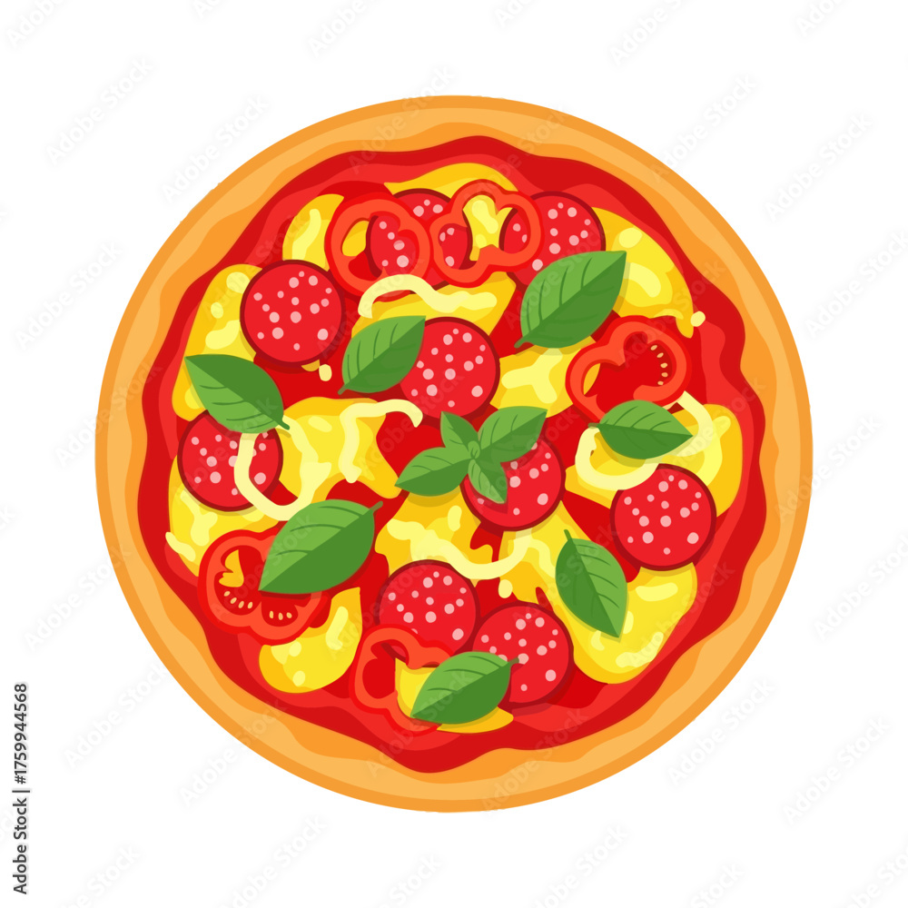 Naklejka premium Delicious pizza with pepperoni, basil, and bell peppers on top.