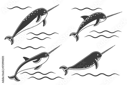 Set of eight minimalist narwhal swimming icons
